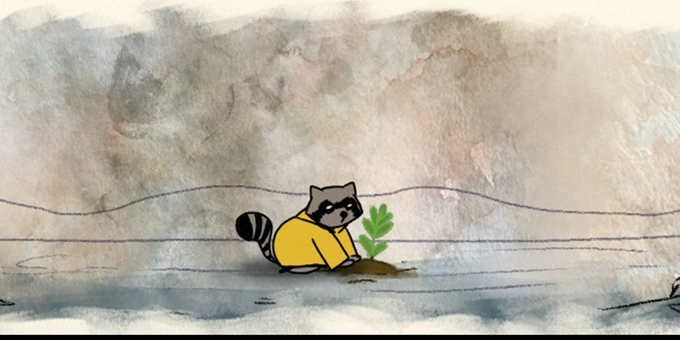 Digital art of a racoon planting a plant.