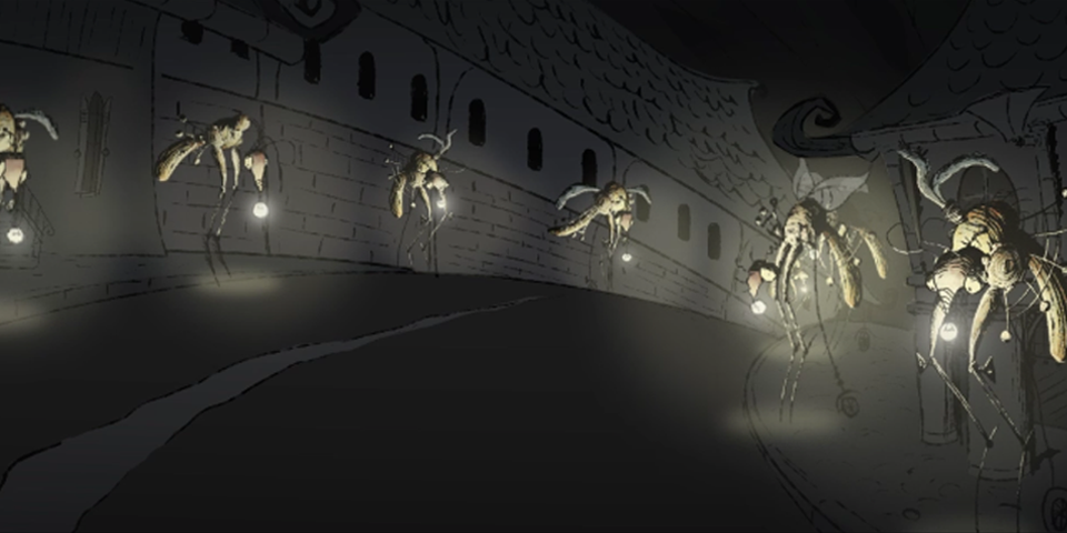 Digital art of of mosquitoes holding lanterns in a street.
