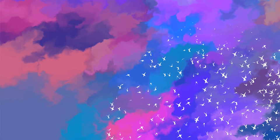 Digital art of birds flying in colourful sky.