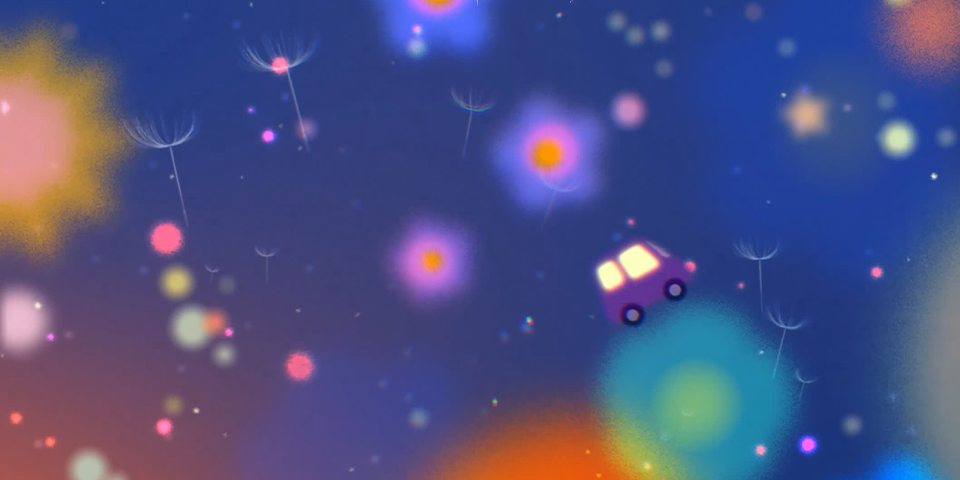 Digital art of a car driving on circles, and floating flowers.