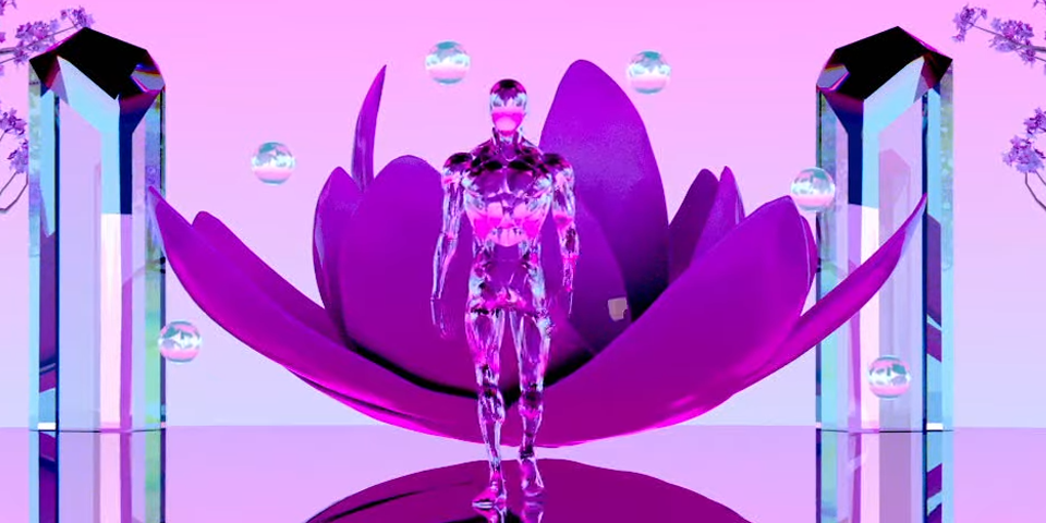 Digital Artwork of a human-like figure in the center, walking towards the camera. They are transparent, and the floor is a mirror. In the pink background, there is a large pink lotus, and floating cirlcles.