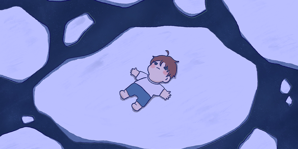 Digital art of a boy sitting on ice.