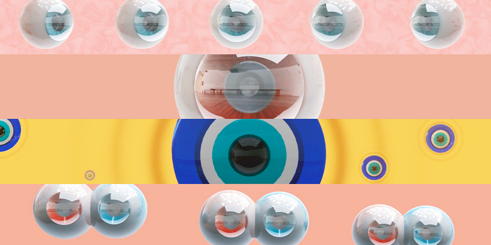 Digital artwork of eyeballs. There are 10 in total, 3 at the top, 2 larger ones in the middle, and 4 at the bottom. The middle one is blue and the other is white and red. The background is striped, with pink and yellow.
