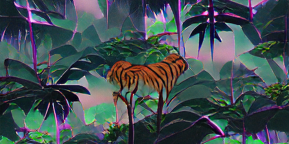 Digital artwork of a tiger in a jungle.