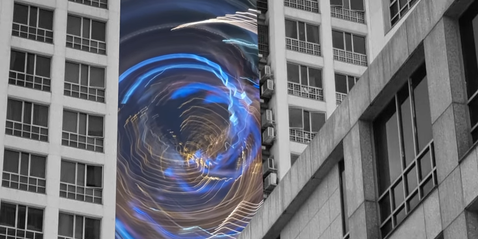 A photograph of a skyscraper building, which is in black and white. There is digital artwork placed in the middle of the building, which consists of blue and gold overlapping circles. There is another white and black builfding in the background on the left, and at the bottom right, there is a glimpse of another building. The sky is white.