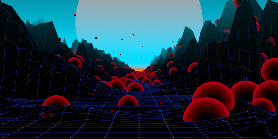 Digital artwork of red circles, that look like cells, with black centers. The artwork is vaporwave style, so uses blue lines straight lines over sharp geometric shapes, acting as mountains. The sky is birhg tblue, with a large blue planet in the background, and orange in the background. The image is filled with the red cirlces and some small ones are floating in the air, in the distance.