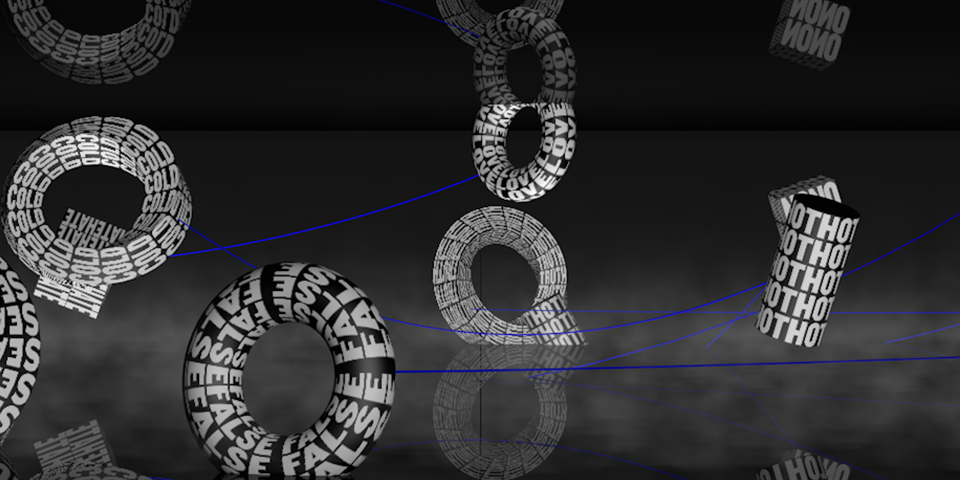 Black and white digital artwork, with a mirrored floor, white smoke, and 4 black donut shapes with random words on them, including sea, and false, the rest are illegible. There are also 2 black cubes and 1 black cylinder, nders with illegible white words.