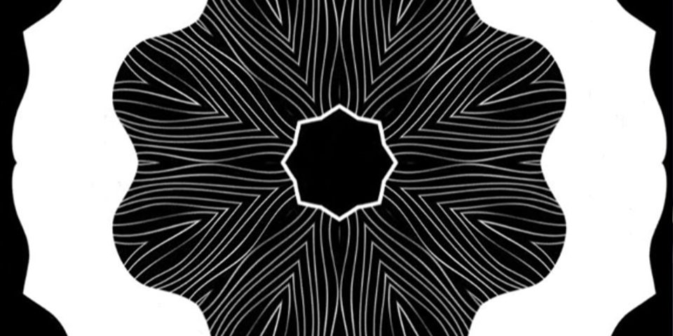 Black and white digital artwork of swirls in the shape of a flower.