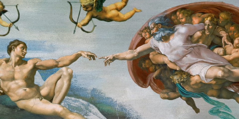 Based on the image "The Creation of Adam", an painting of God with their right hand outstretched to touch the left arm of another man (Adam), with cupids floating about and a blue baxckground. God, on the right, has a long white robe on and the man on the left is naked.